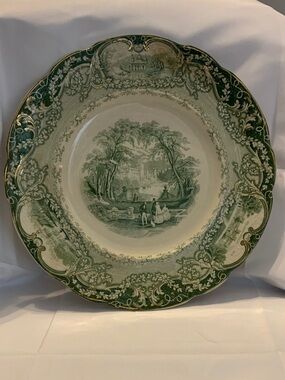 J & G Meakin Green with gold border Scenic Transferware Dinner Plate